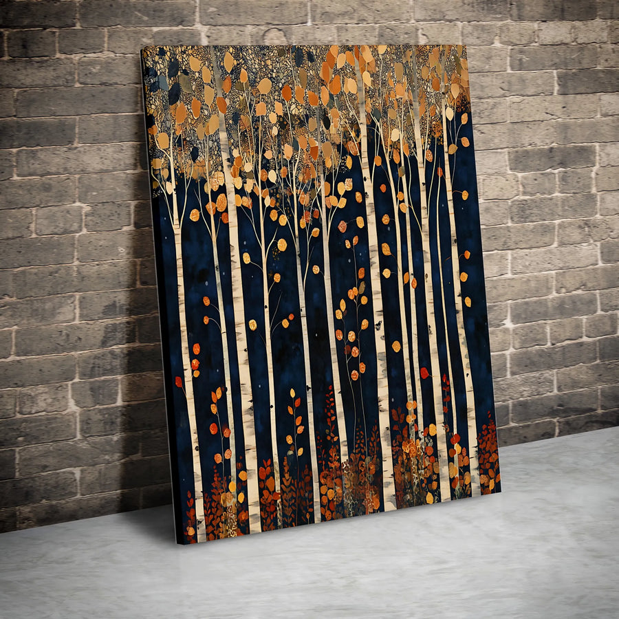 Autumn Birch Tree Forest Canvas Art | Abstract Gold and Orange Leaves Wall Decor | Premium Fade-Resistant Gallery Print | Modern Home Office Gift