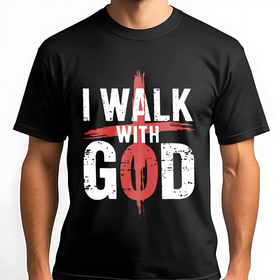 I Walk With God T-Shirt | Distressed Cross Religious Graphic Design | Premium 100% Cotton Tee | Meaningful Faith Gift for Men and Women