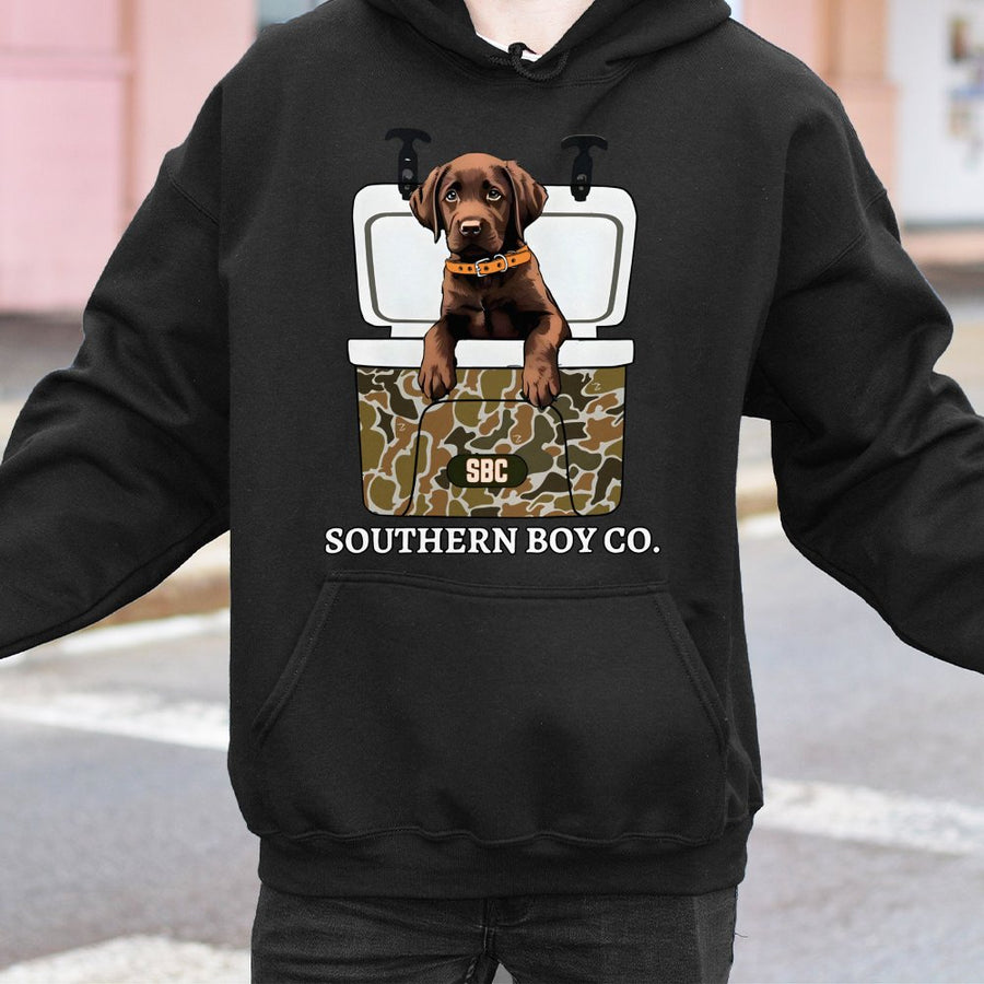 Chocolate Labrador Hoodie | Cute Dog in Camo Cooler Graphic | Premium Cotton Blend | Gift for Dog Lovers and Outdoor Enthusiasts