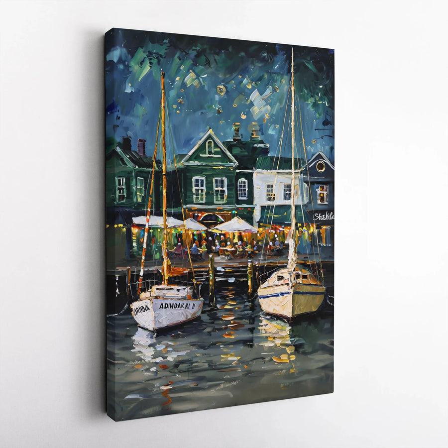 Nighttime Harbor Canvas Print | Impressionist Sailboat Waterfront Cafe Art | Gallery-Quality 1.25" Profile | Premium Nautical Home Decor Gift
