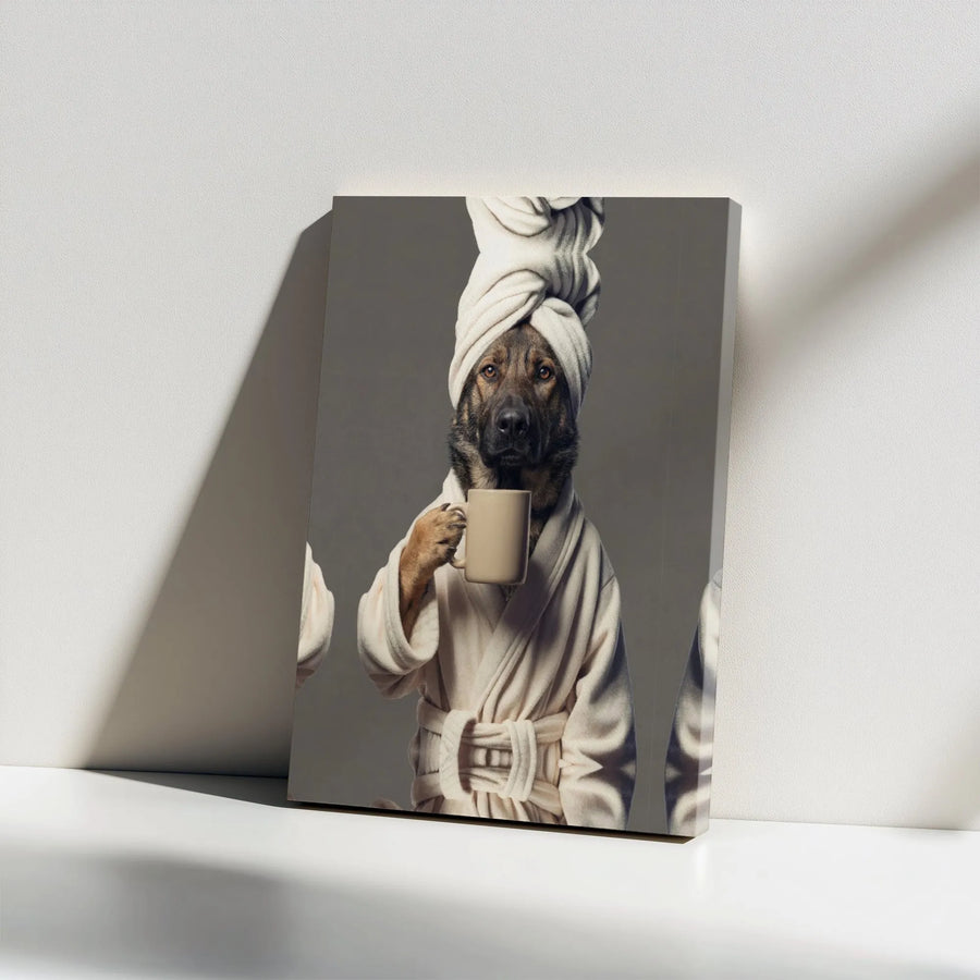 German Shepherd Canvas Wall Art | Funny Dog in Bathrobe Drinking Coffee | Premium Gallery Wrapped Canvas | Unique Gift for German Shepherd Owner