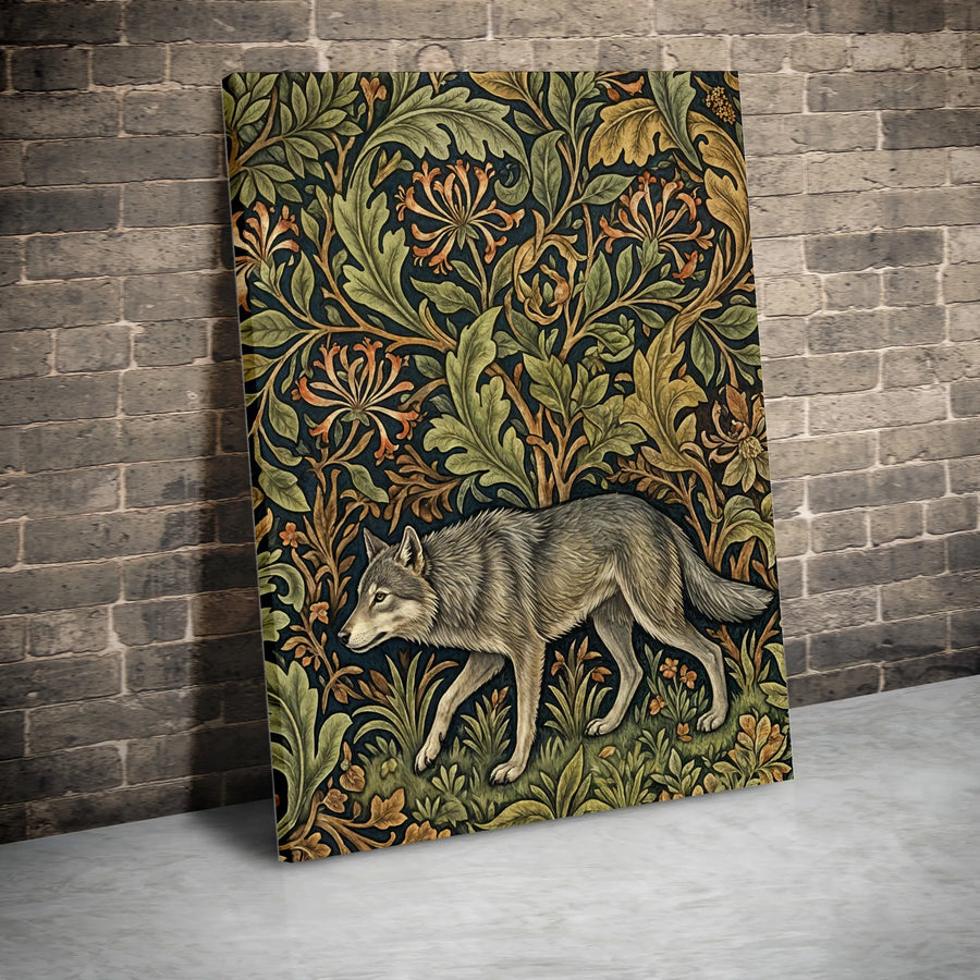 William Morris Style Wolf Canvas Wall Art | Botanical Forest Illustration | Premium Gallery Wrapped Print | Dark Academia Home Decor