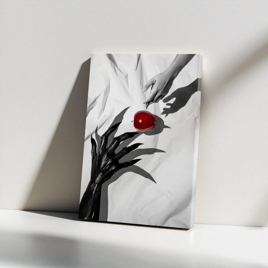 Surrealist Wall Art | Demonic Claw and Human Hand Red Apple Canvas | Premium Gallery Wrap Decor | Dark Gothic Home Office Gift