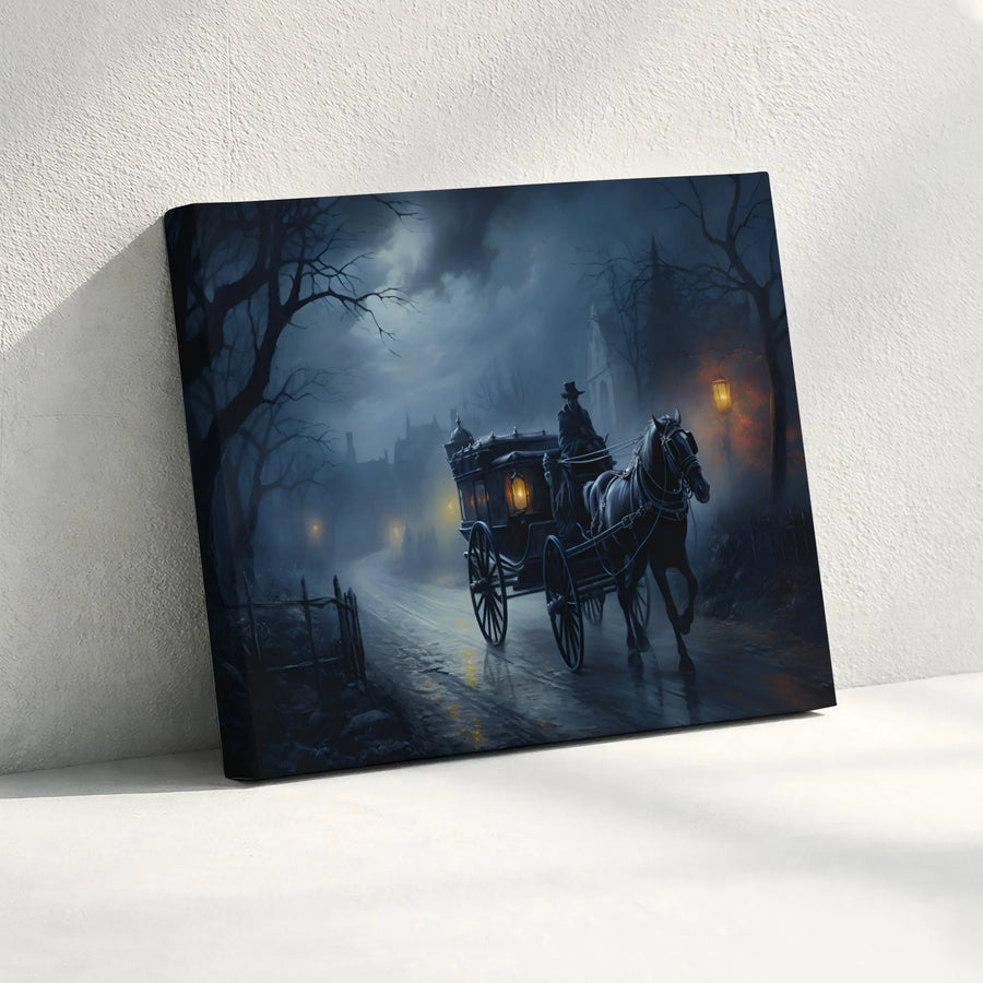 Gothic Horse Carriage Wall Art | Spooky Victorian Village Night Scene | Premium Gallery Canvas | Atmospheric Moody Home Decor Gift