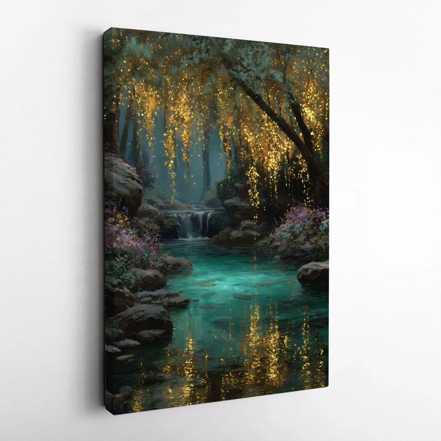 Enchanted Forest Vertical Canvas | Glowing Golden Trees & Mystical River Scene | Premium Gallery Wrapped Wall Art | Modern Frameless Home Decor Gift