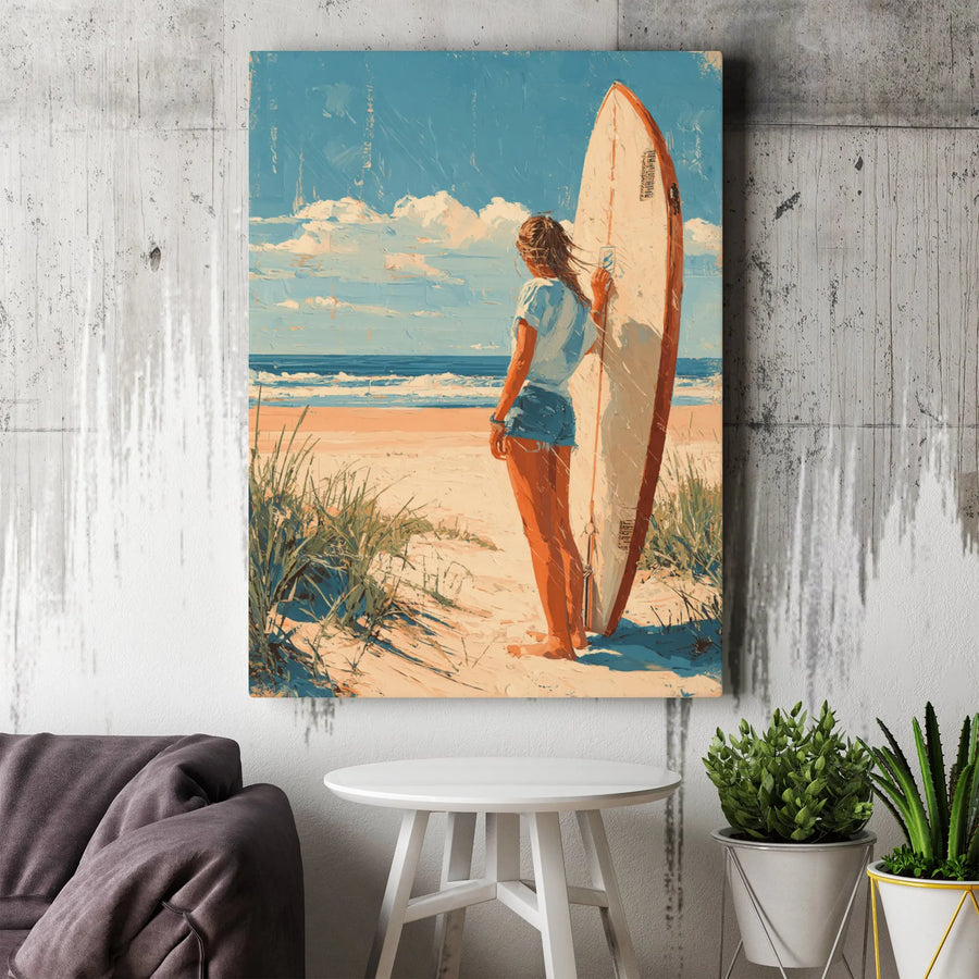 Surfer Girl Beach Canvas Art | Impressionist Coastal Ocean Decor | Premium 1.25-Inch Gallery Wrap Print | Summer Vibe Wall Decor for Home