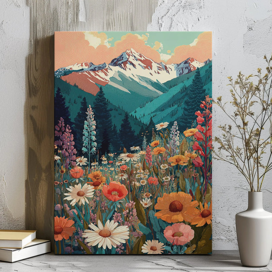 Mountain Wildflower Canvas Wall Art | Vintage Landscape Meadow Print | 1.25-Inch Gallery Wrap | Premium Nature Home Decor Gift