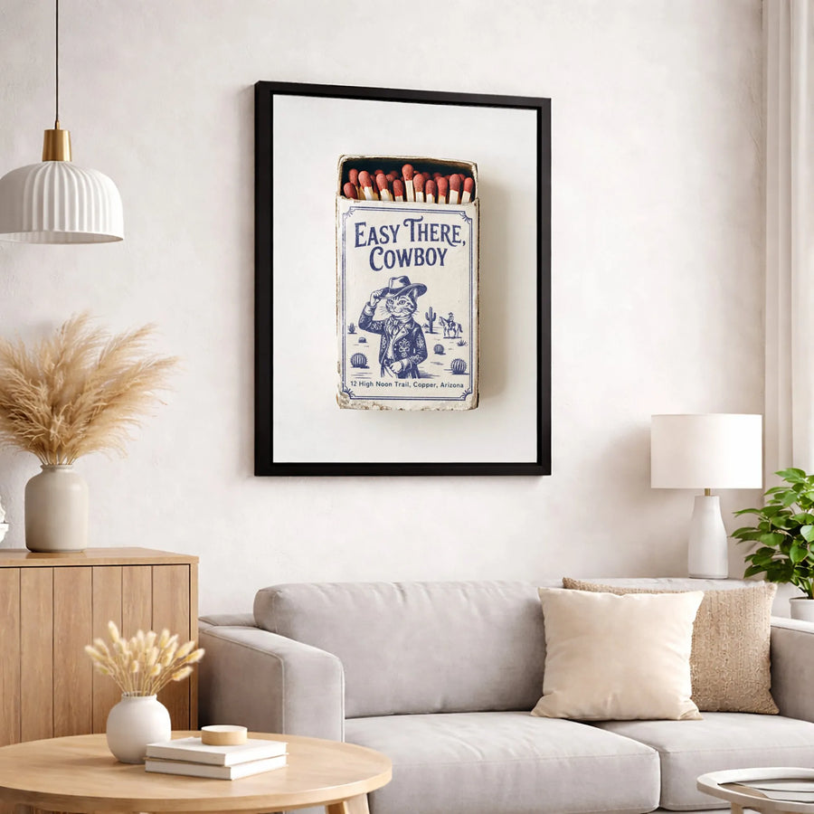 Easy There Cowboy Cat Canvas Art | Vintage Matchbox Design Western Wall Decor | Premium 1.25 Inch Gallery Wrap | Unique Gift for Cat Lovers