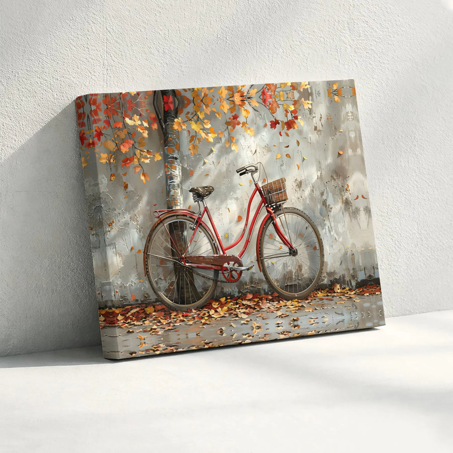 Vintage Red Bicycle Canvas Wall Art | Impressionist Autumn Leaves Scene | Premium Fade-Resistant Print | Nostalgic Home Decor Gift for Cyclists