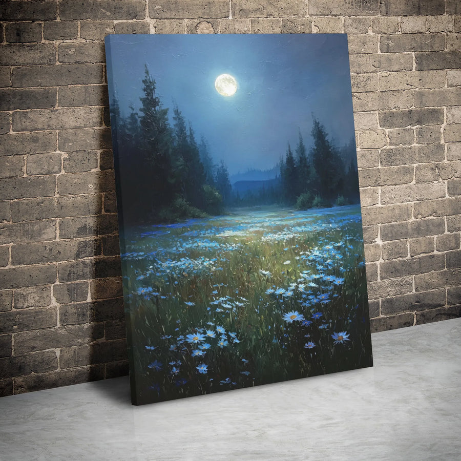 Midnight Forest Canvas Wall Art | Full Moon Over Blue Flower Meadow | Premium Gallery Wrap Print | Serene Nature Decor for Living Room