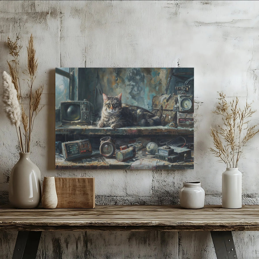 Post-Apocalyptic Cat Canvas Print | Industrial Tabby Workshop Wall Art | Premium Gallery-Wrapped Decor | Gamer Room Gift for Cat Lovers
