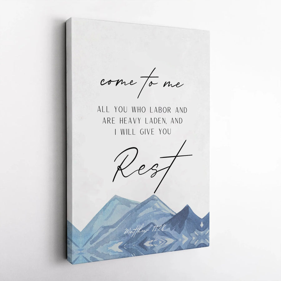 Christian Scripture Canvas | Matthew 11:28 'I Will Give You Rest' Bible Verse Art | Watercolor Mountain Design | Premium Christian Gift
