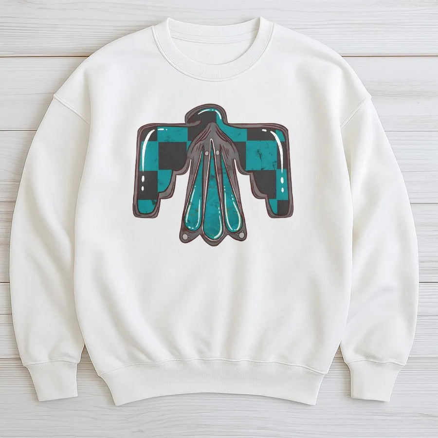 Checkered Thunderbird Sweatshirt | Western Graphic Boho Design | Premium Cotton-Poly Blend | Aesthetic Cowgirl Gift for Women and Men