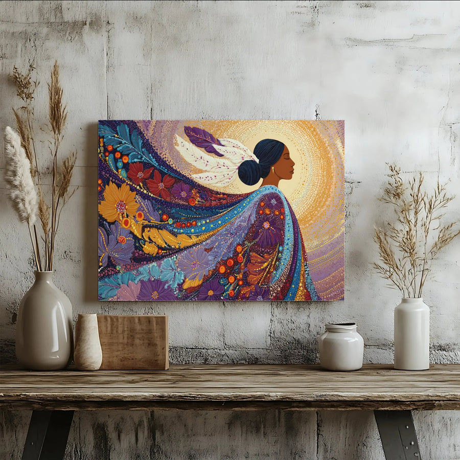 Indigenous Woman Canvas Wall Art | Vibrant Floral Mosaic Print with Feathers | Premium Fade-Resistant Gallery Wrap | Spiritual Home Decor Gift
