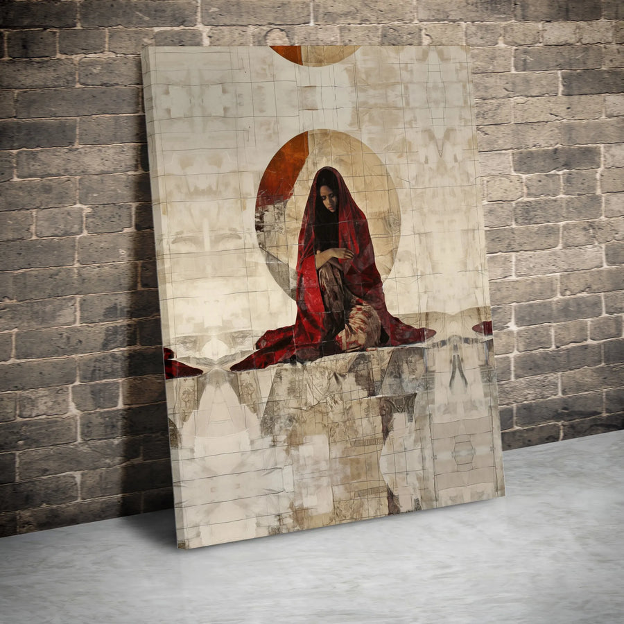 Abstract Woman Canvas Art | Sorrowful Figure in Red Cloak Print | Premium Gallery Wrapped Canvas | Modern Spiritual Home Decor Gift