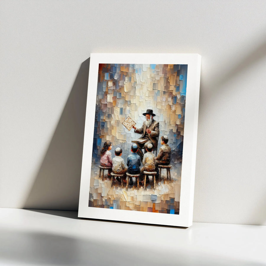 Passover Rabbi Teaching Children Canvas | Impressionist Matzah Painting | Premium 1.25-Inch Gallery Wrap | Jewish Home Decor and Religious Gift