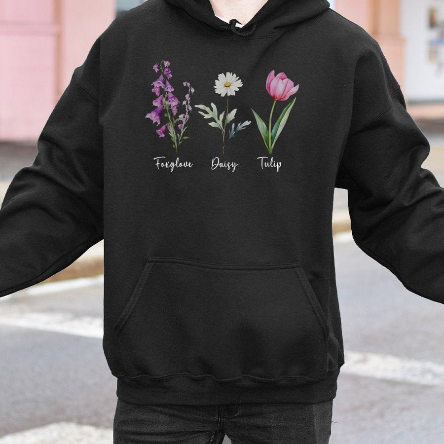 Floral Hoodie | Botanical Foxglove Daisy Tulip Illustration | Premium Cotton-Poly Blend | Cozy Aesthetic Gift for Gardeners & Nature Lovers