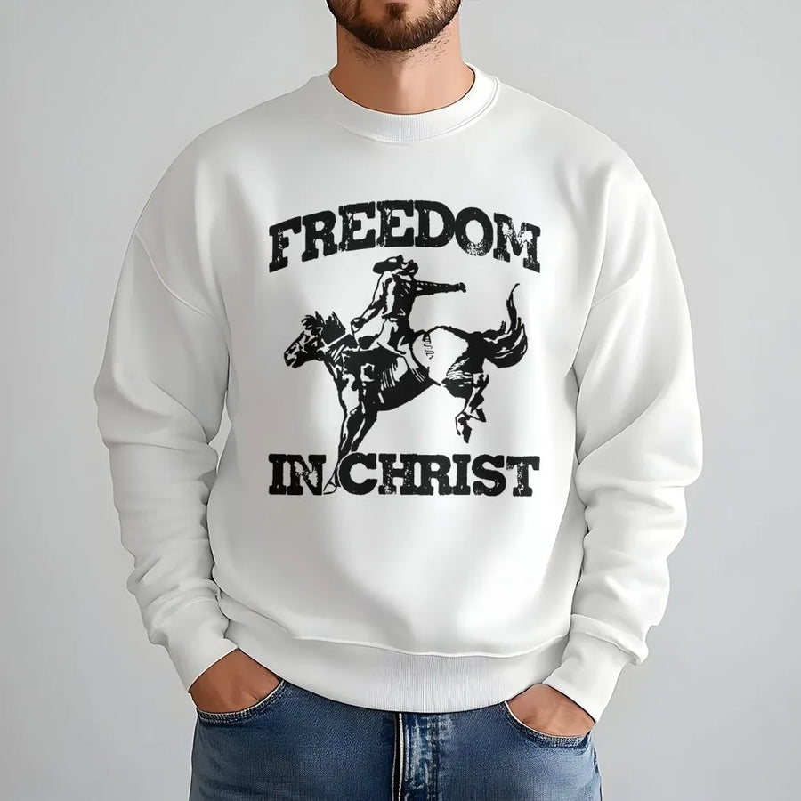 Freedom In Christ Sweatshirt | Christian Rodeo Cowboy Graphic | Premium Soft Blend Pullover | Faith-Based Religious Gift for Him or Her