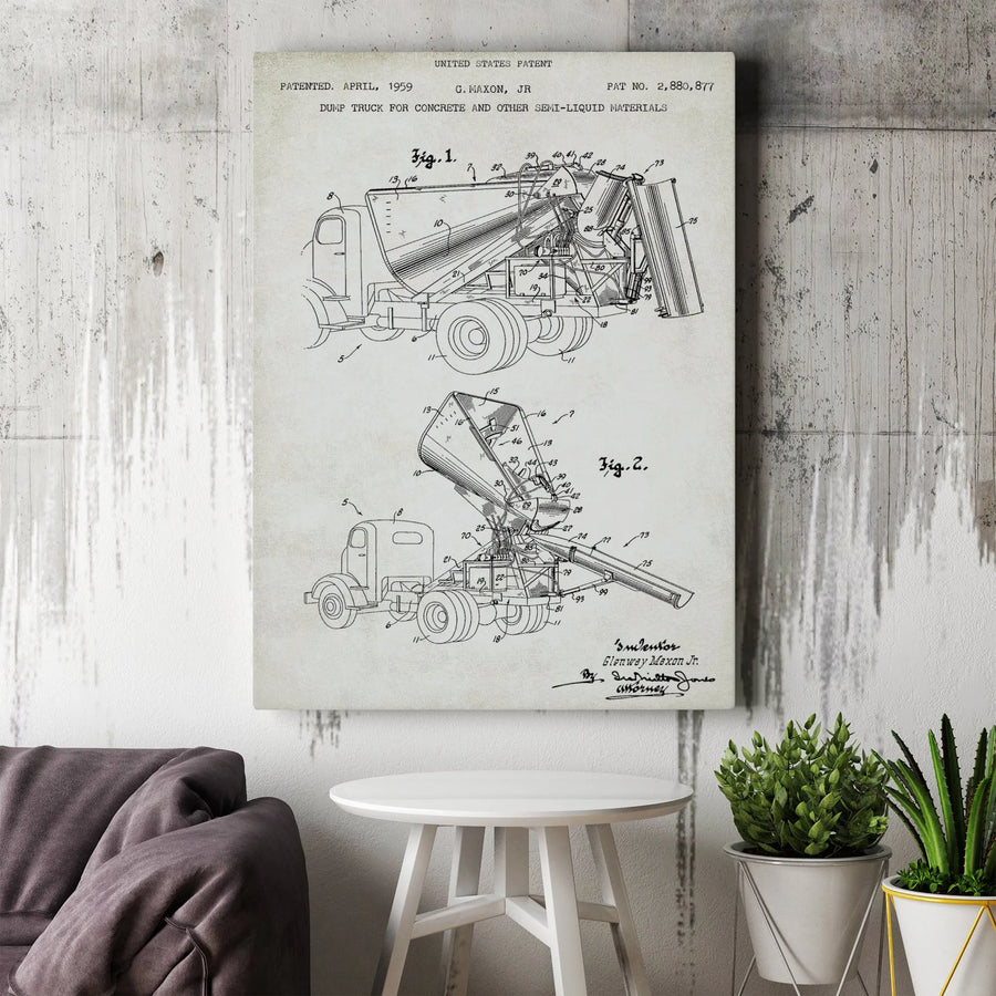 Vintage Dump Truck Patent Vertical Canvas | 1959 Concrete Mixer Blueprint Art | Premium Gallery Wrapped Wall Art | Collector's Gift for Engineer