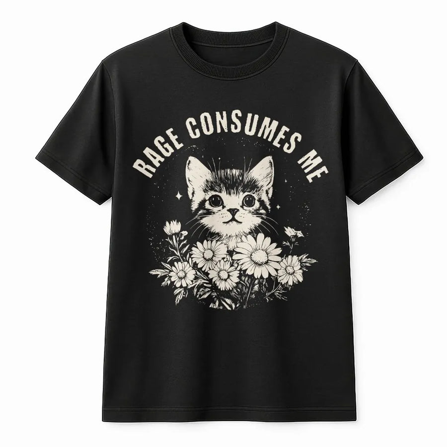 Rage Consumes Me Cat T-Shirt | Funny Kitten with Daisies Graphic Tee | Soft Cotton Meme Shirt | Sarcastic Humor Gift for Women & Cat Lovers