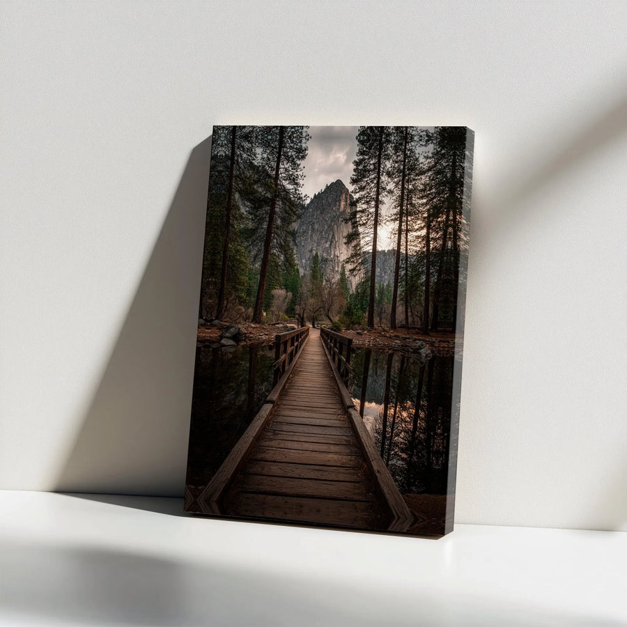 Mountain Forest Landscape Canvas Print | Wooden Bridge Reflection Artwork | Premium Gallery Wrap Wall Decor | Nature-Inspired Home Office Art