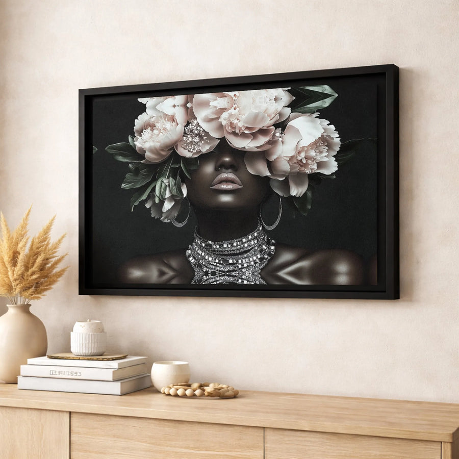 Black Woman Canvas Art | Peony Flower Headdress Portrait | Premium Gallery Wrap Wall Decor | Modern African American Aesthetic Gift