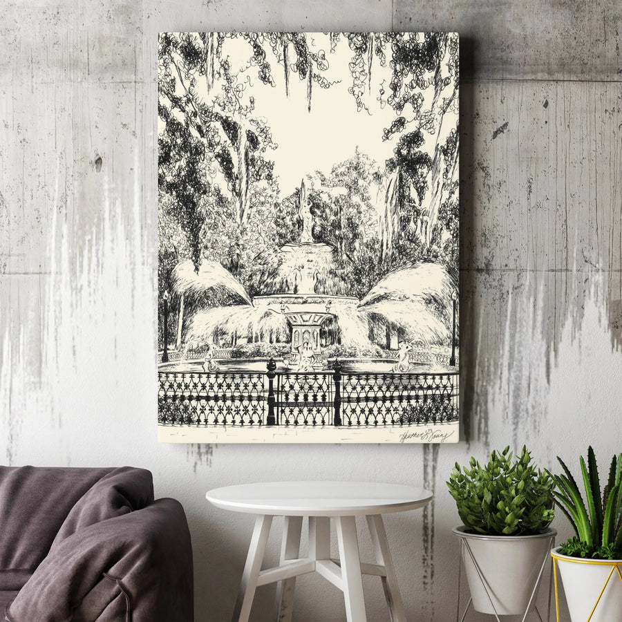 Forsyth Park Fountain Canvas Print | Vintage 1973 Sketch Illustration | Premium Gallery-Wrapped Canvas | Savannah GA Home Decor Gift