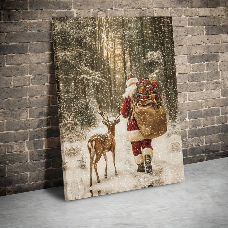 Santa Claus and Reindeer Canvas Wall Art | Snowy Forest Winter Scene | Gallery-Quality 1.25-Inch Profile | Festive Holiday Home Decor Gift