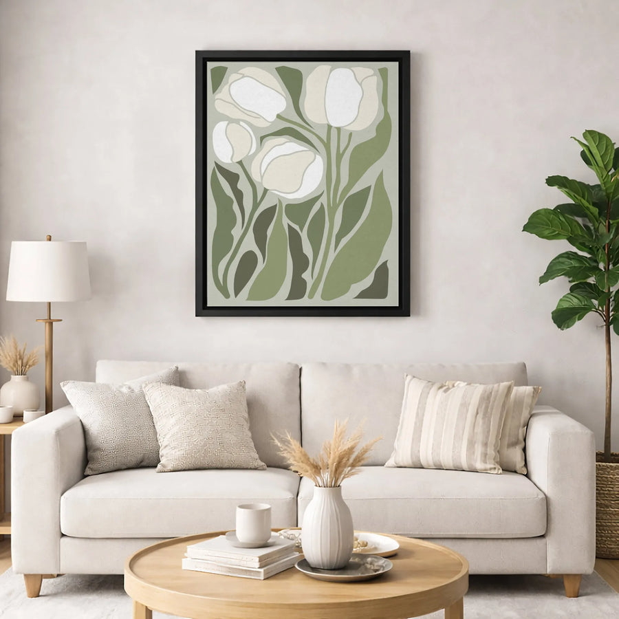 Minimalist White Tulip Canvas Wall Art | Sage Green Botanical Decor | Premium 1.25" Gallery Wrap | Modern Farmhouse Living Room Gift