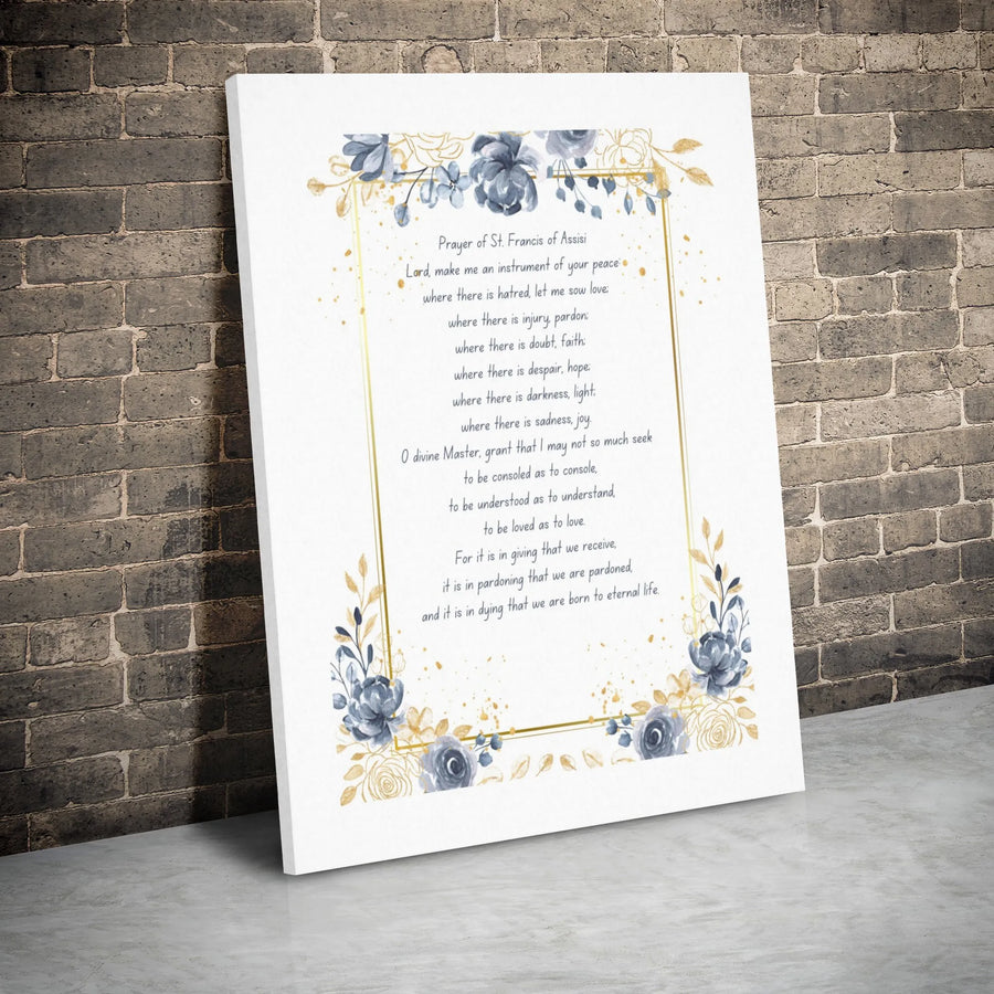 Prayer of St. Francis Canvas Wall Art | Blue and Gold Floral Watercolor Design | Premium Gallery Wrap | Religious Home Decor Gift for Inspiration