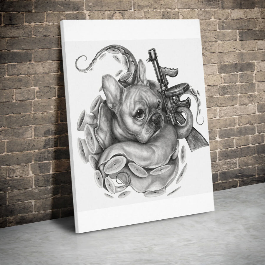 Gangster French Bulldog Vertical Canvas | Surreal Octopus Dog Pencil Sketch | Premium Gallery Wrapped Canvas | Unique Collector's Gift for Frenchie Owner