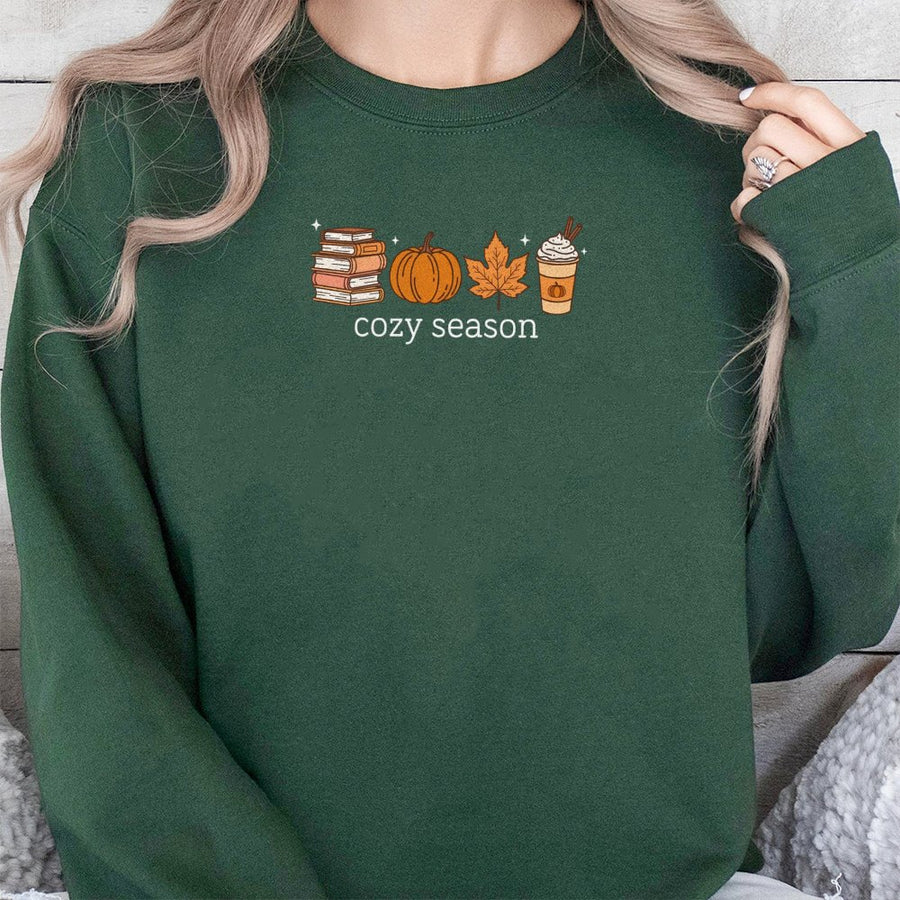Cozy Season Sweatshirt | Pumpkin Spice Coffee Book Lover Graphic | Premium Cotton Blend | Fall Aesthetic Gift for Women