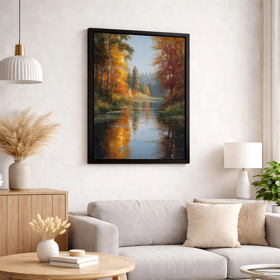 Autumn Forest River Canvas Print | Vibrant Fall Landscape Oil Painting | Premium Gallery Wrap Wall Art | Seasonal Nature Decor Gift