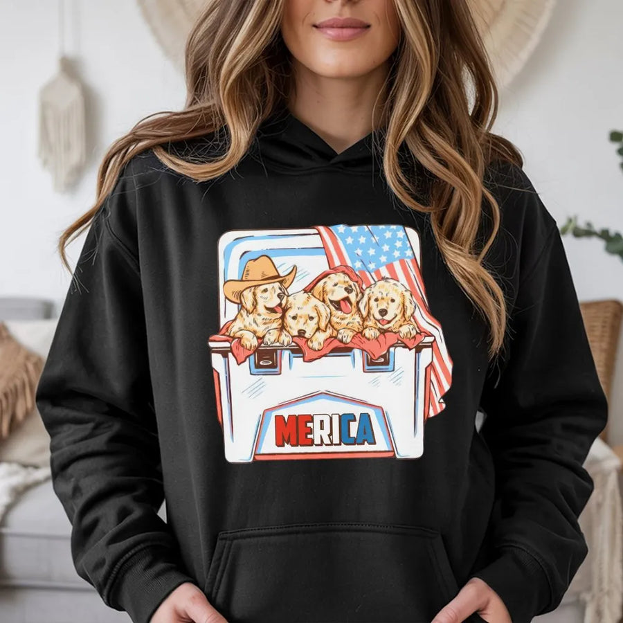 Patriotic Golden Retriever Hoodie | Cute Puppies in Cooler with USA Flag | Soft Cotton Graphic Tee | 4th of July Merica Gift for Dog Lovers
