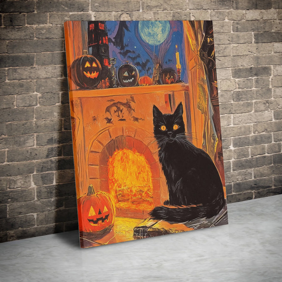 Spooky Black Cat Canvas Wall Art | Vintage Halloween Fireplace Scene | Premium Gallery Wrapped Canvas | Halloween Home Decor Gift