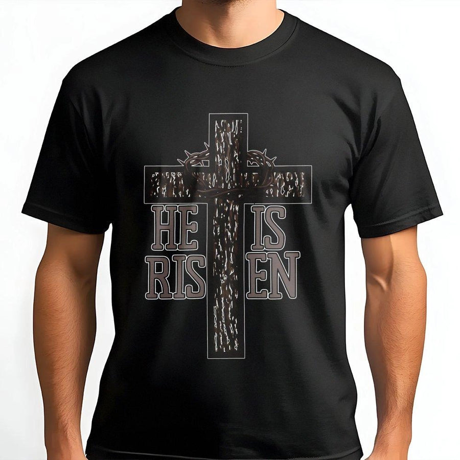 He Is Risen T-Shirt | Rustic Cross Crown of Thorns Graphic | 100% Cotton Premium Tee | Christian Easter Gift for Men and Women