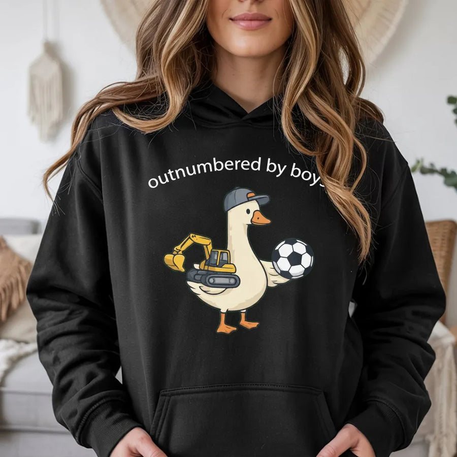Funny Boy Mom Hoodie | Outnumbered By Boys Goose Graphic | Soft Cotton Unisex Tee | Mothers Day Gift for Soccer Moms