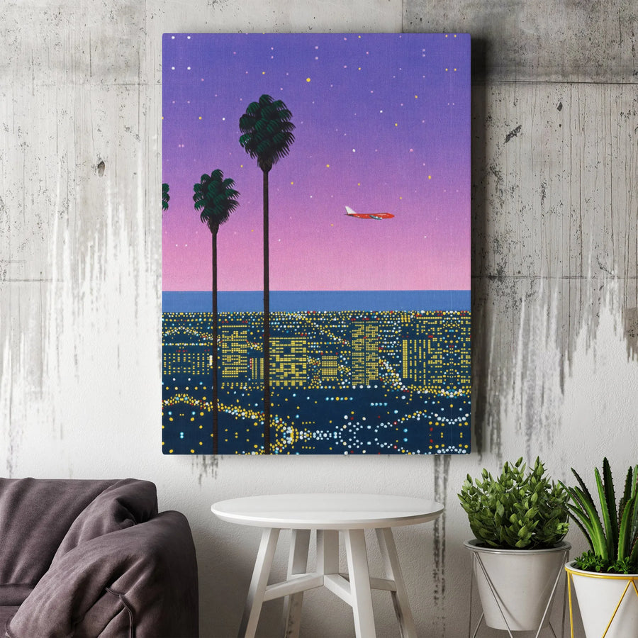 Vaporwave Cityscape Canvas Print | Retro California Night with Palm Trees | Premium Gallery Wrapped Canvas | Modern Home Decor Gift