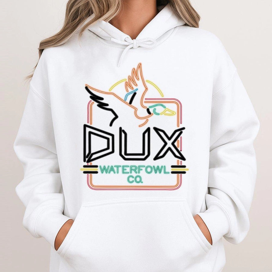 Dux Waterfowl Hoodie | Neon Duck Logo Graphic Print | Premium Cotton-Poly Blend | Gift for Duck Hunters and Outdoor Enthusiasts