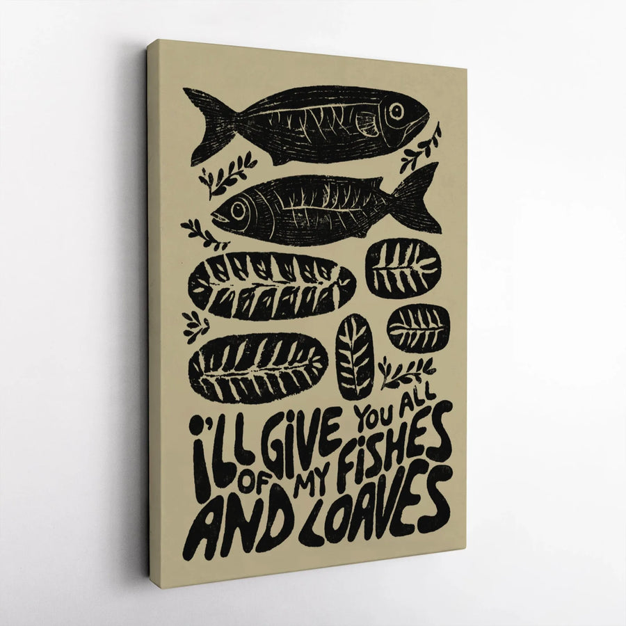 Fishes And Loaves Wall Art | Christian Home Decor Linocut Print | Premium Gallery Wrap Canvas | Religious Gift For Living Room