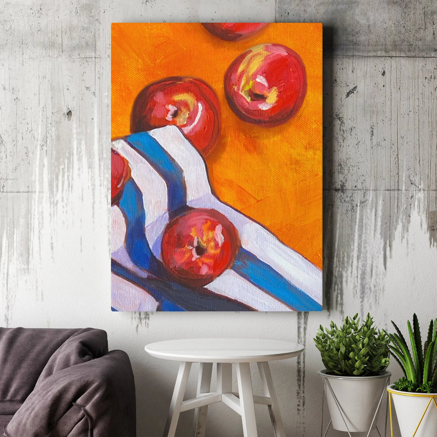 Apple Still Life Canvas Print | Vibrant Fruit Painting with Striped Cloth | Premium Gallery Wrapped Canvas | Kitchen & Dining Room Wall Decor Gift