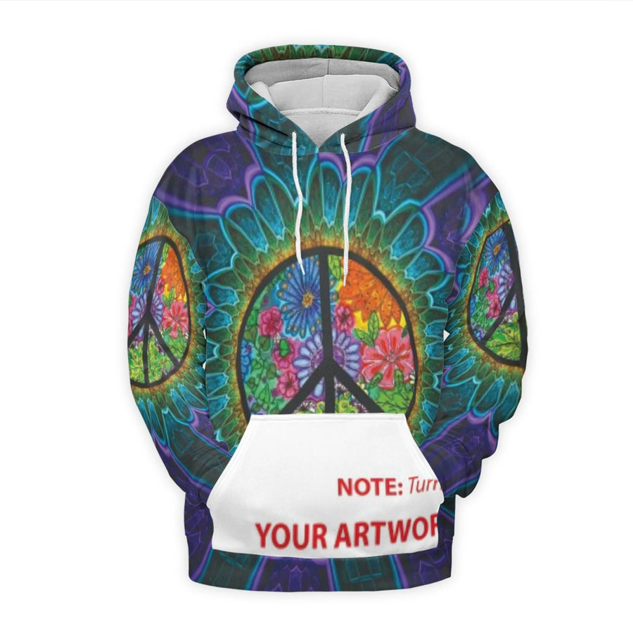 Psychedelic Floral Peace Sign Hoodie | All-Over Print Graphic Pullover | Soft Brushed Fleece Fabric | Unisex Festival Clothing Gift