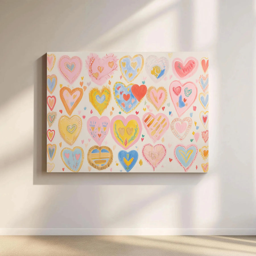 Colorful Heart Collage Canvas Wall Art | Whimsical Hand-Drawn Romantic Decor | Premium 1.25-Inch Gallery Wrap | Sweet Valentine's Gift for Her