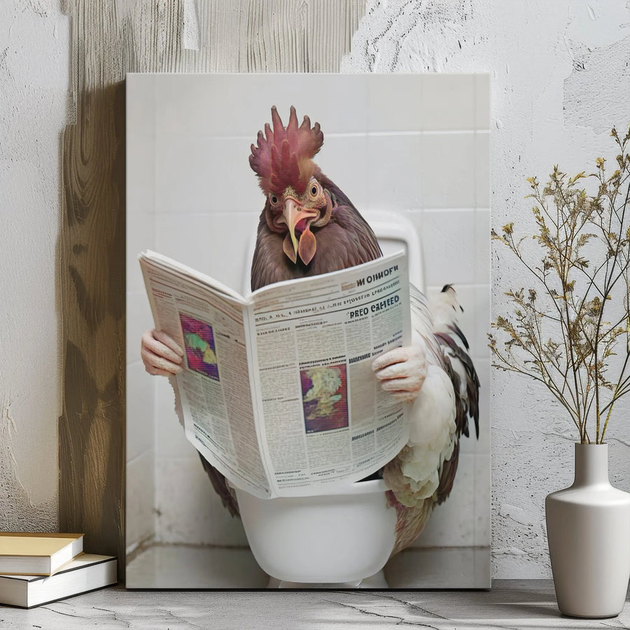 Funny Chicken Toilet Canvas Print | Bathroom Humorous Rooster Wall Art | Premium 1.25-Inch Gallery Wrap | Quirky Farmhouse Decor For Home Office