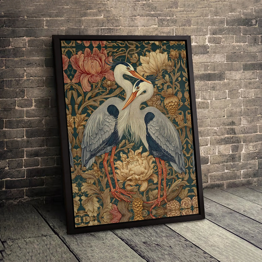 Heron Bird Wall Art | Art Nouveau Floral Canvas Print | Premium Gallery-Wrapped Decor | Botanical Nature Gift for Home Office