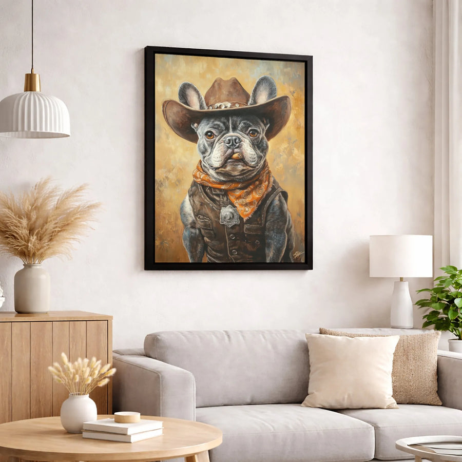 French Bulldog Canvas Art | Cowboy Sheriff Dog Portrait with Cigar | Premium Gallery-Wrapped Print | Western Home Decor Gift