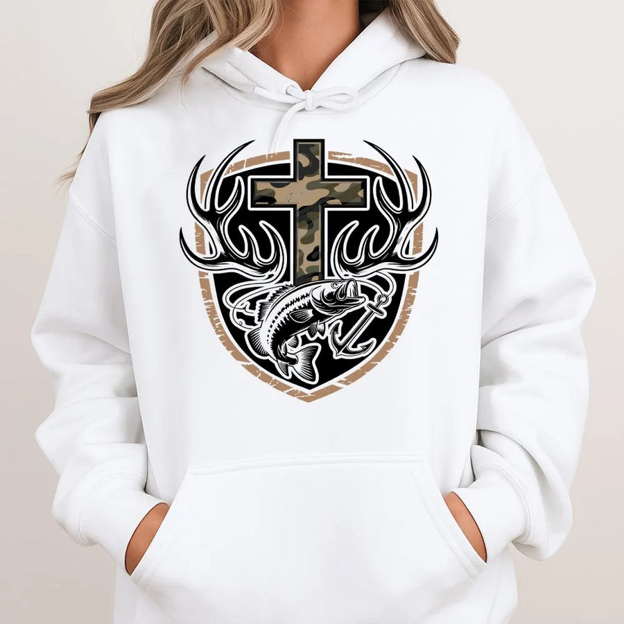 Christian Fishing Hunting Hoodie | Camo Cross with Bass & Antlers Graphic | Premium Cotton Blend | Gift for Religious Hunter Fisherman
