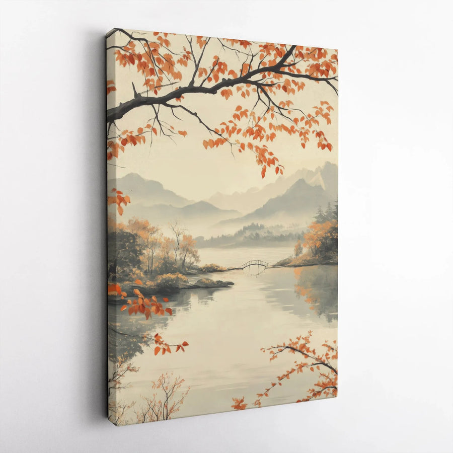 Japanese Autumn Landscape Canvas | Serene Mountain Lake Watercolor Print | Thick Gallery Wrap | Zen Wall Decor Gift for Living Room