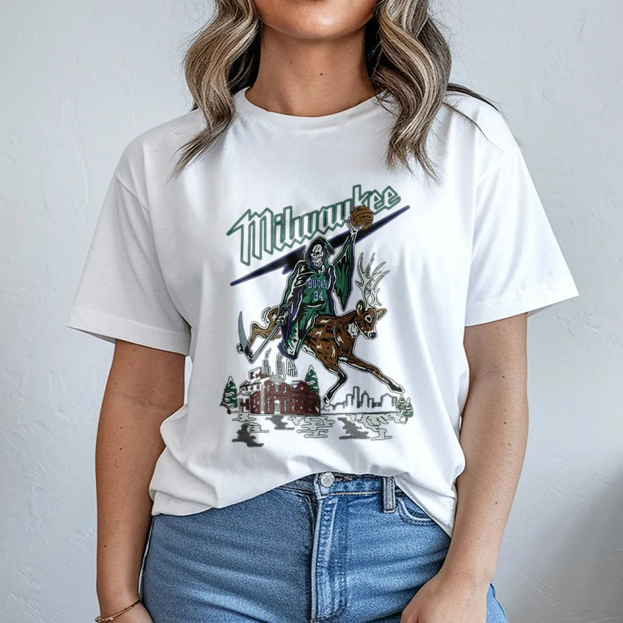 Milwaukee Bucks Grim Reaper Deer T-Shirt – Giannis 34 Basketball Streetwear Graphic T-Shirt, Nba Fan Gift, Vintage Milwaukee Bucks T-Shirt