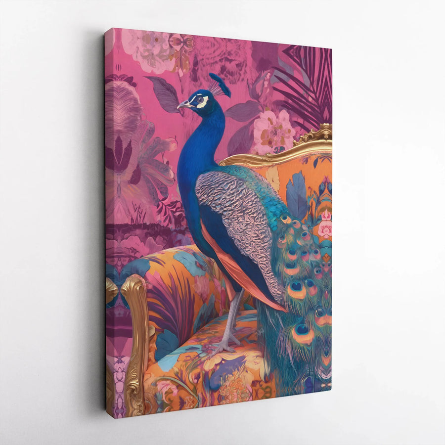 Vibrant Peacock Canvas Art | Maximalist Floral Chair Wall Decor | Premium 1.25" Gallery Wrap | Boho Aesthetic Home Office Gift